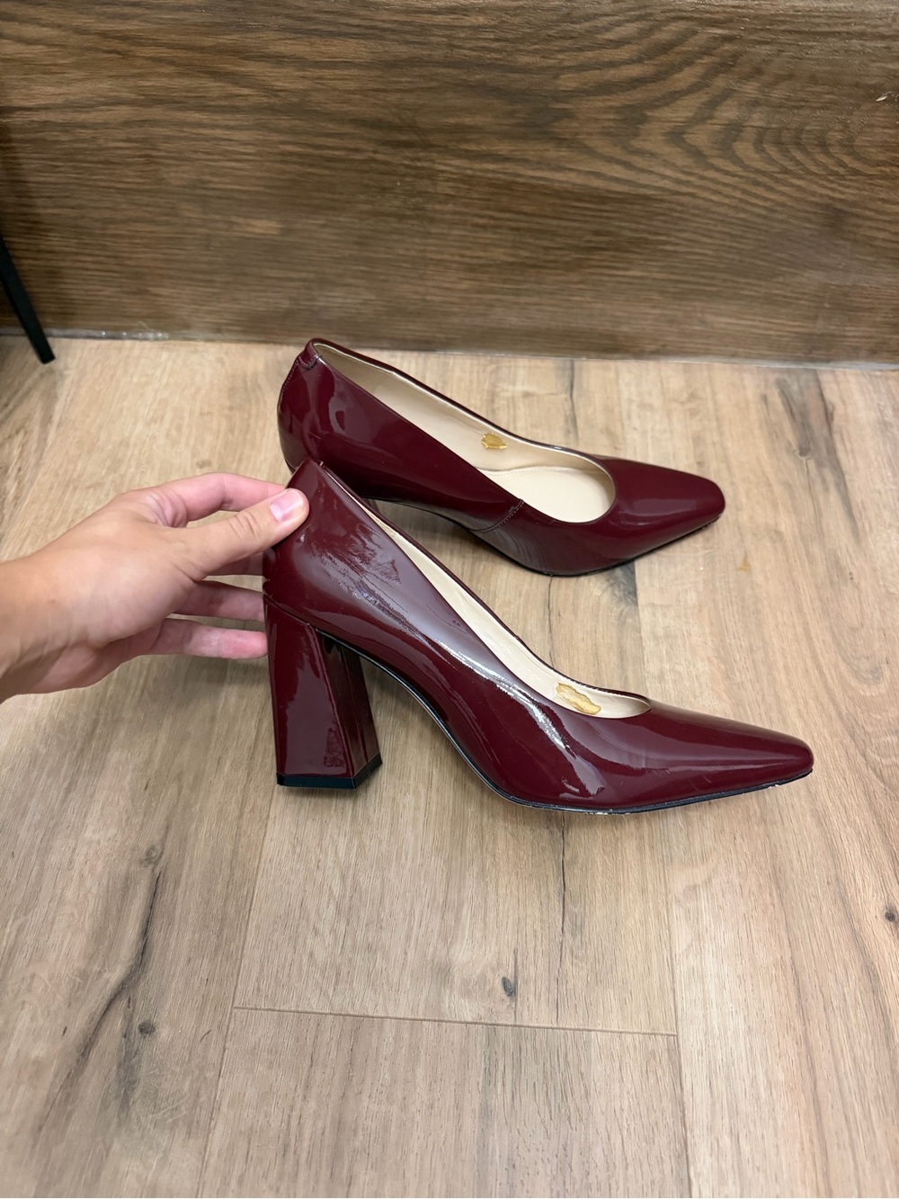 Marc Fisher Burgundy Patent Block Heel Pumps